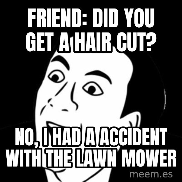 you don't say meme meme: friend: did you get a hair cut? / no, i had a accident with the lawn mower