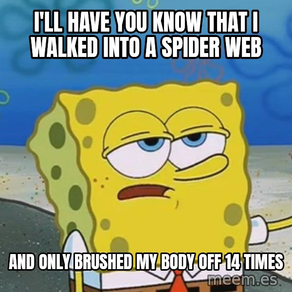 I'll have you know Spongebob meme: I'LL HAVE YOU KNOW THAT I WALKED INTO A SPIDER WEB / AND ONLY BRUSHED MY BODY OFF 14 TIMES