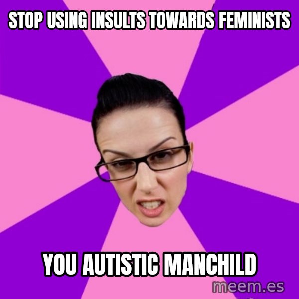 Privilege Denying Feminist meme: stop using insults towards feminists / you autistic manchild