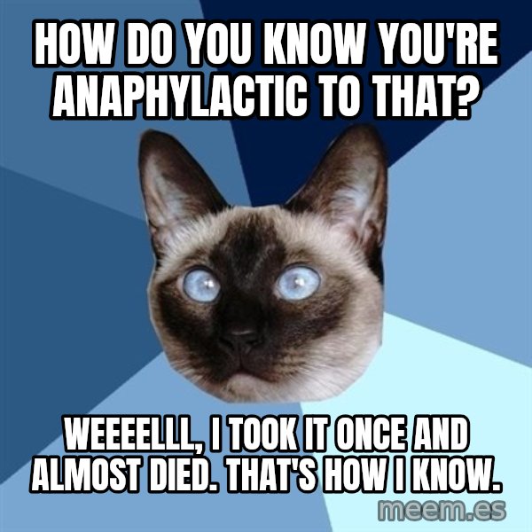 Chronic Illness Cat meme: How do you know you're anaphylactic to that? / Weeeelll, I took it once and almost died. That's how I know.
