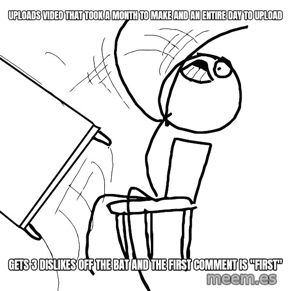Desk Flip Rage Guy meme: Uploads video that took a month to make and an entire day to upload / gets 3 dislikes off the bat and the first comment is "first"