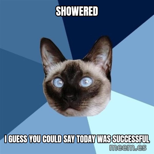 Chronic Illness Cat meme: showered / I GUESS YOU COULD SAY TODAY WAS SUCCESSFUL