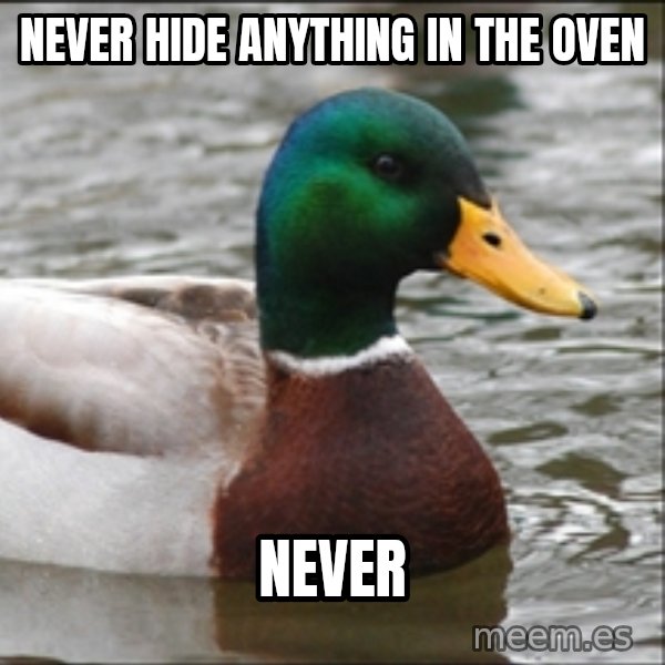 Actual Advice Mallard 1 meme: Never hide anything in the oven / never