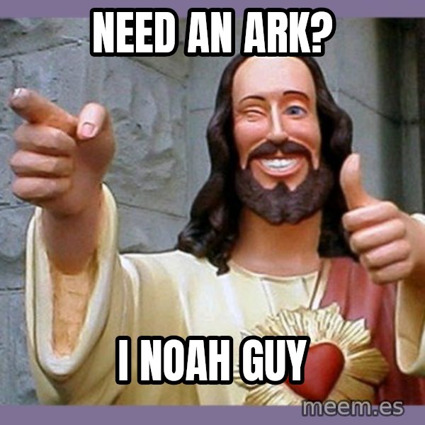buddy jesus meme: NEED AN ARK? / I NOAH GUY