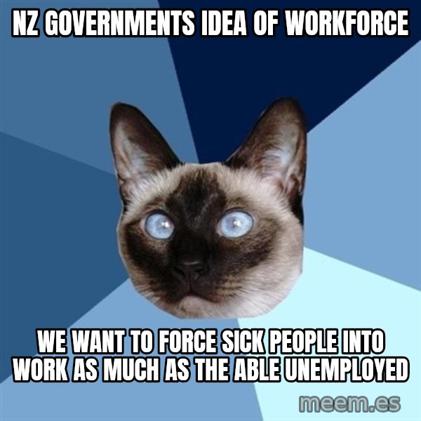 Chronic Illness Cat meme: NZ GOvernments IDEA OF workForce / WE want to Force sick people into work as much as the able unemployed
