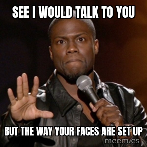Kevin Hart meme: see i would talk to you / but the way your faces are set up