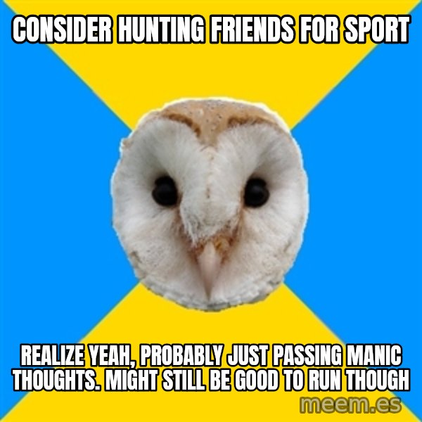 Bipolar Owl meme: consider hunting friends for sport / realize yeah, probably just passing manic thoughts. might still be good to run though