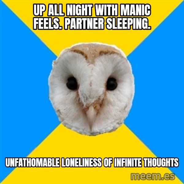 Bipolar Owl meme: up all night with manic feels. partner sleeping. / unfathomable loneliness of infinite thoughts
