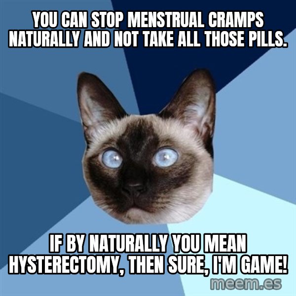 Chronic Illness Cat meme: You can stop menstrual cramps naturally and not take all those pills. / If by naturally you mean hysterectomy, then sure, I'm game!