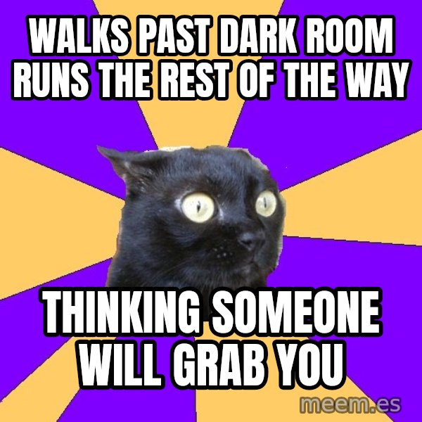 Anxiety Cat meme: walks past dark room runs the rest of the way / thinking someone will grab you