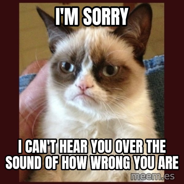 Grumpy Cat  meme: I'M SORRY / I CAN'T HEAR YOU OVER THE SOUND OF HOW WRONG YOU ARE