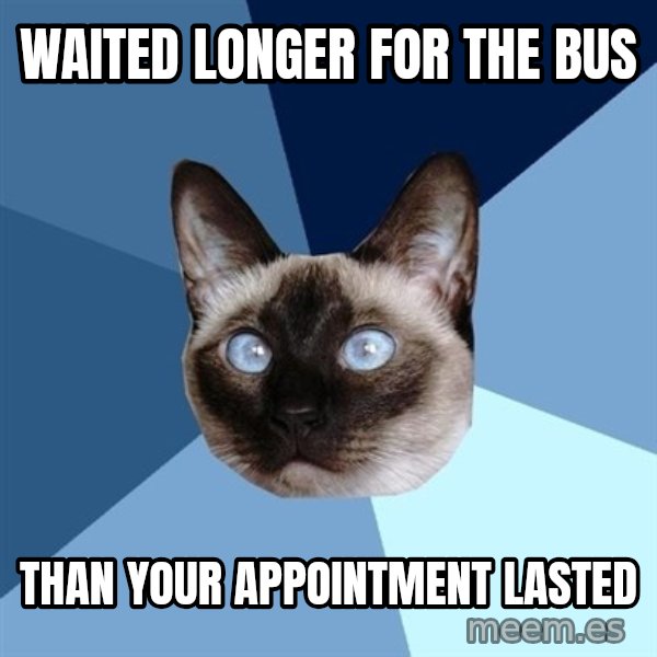 Chronic Illness Cat meme: Waited longer for the bus / than your appointment lasted