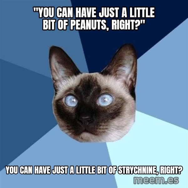 Chronic Illness Cat meme: "You can have just a little bit of peanuts, right?" / You can have just a little bit of strychnine, right?