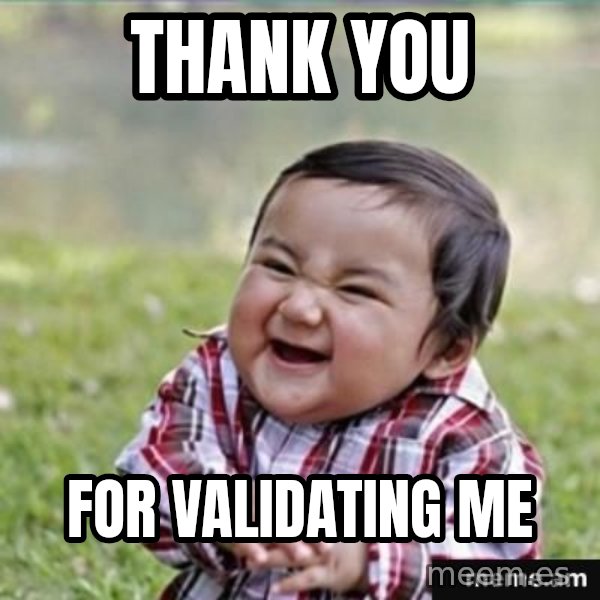 evil plan kid meme: THANK YOU / FOR VALIDATING ME