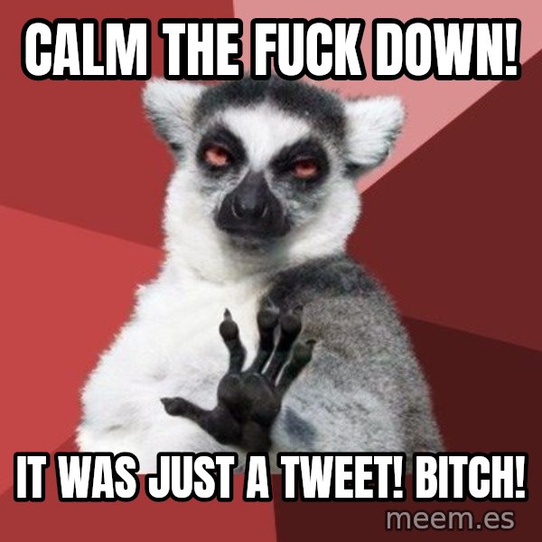 Chill Out Lemur meme: Calm the fuck down! / It was just a Tweet! Bitch!