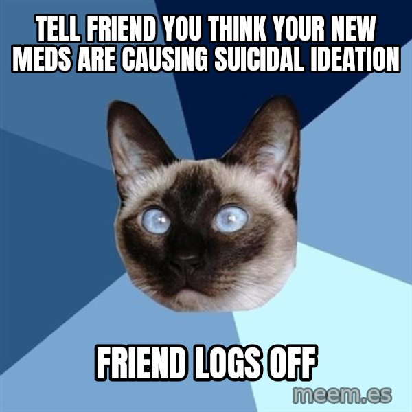 Chronic Illness Cat meme: tell friend you think your new meds are causing suicidal ideation / friend logs off