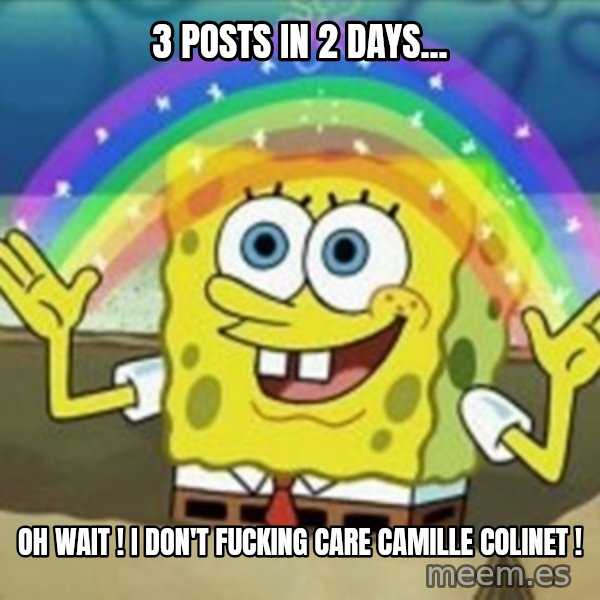 Spongebob meme: 3 posts in 2 days... / Oh wait ! I don't fucking care Camille colinet !