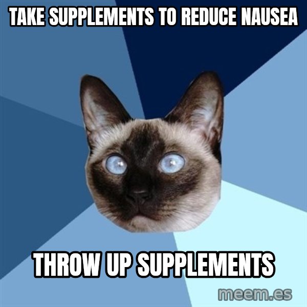 Chronic Illness Cat meme: Take supplements to reduce nausea / THROW UP SUPPLEMENTS
