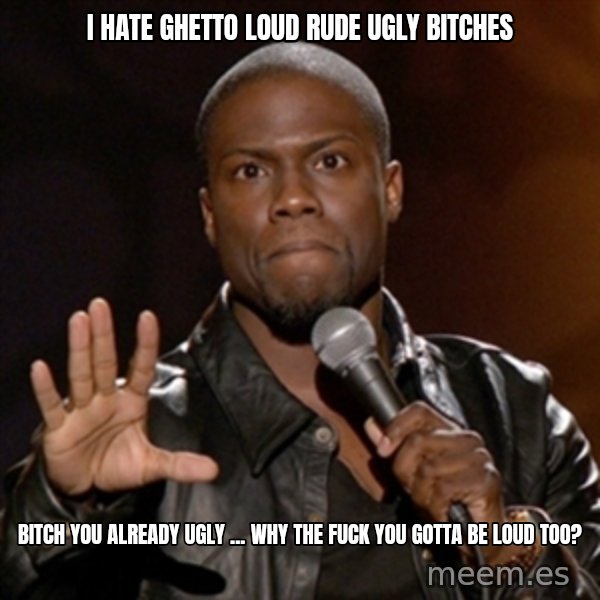 Kevin Hart meme: I hate ghetto loud rude ugly bitches / Bitch you already ugly ... why the fuck you gotta be loud too?