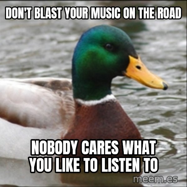 Actual Advice Mallard 1 meme: Don't blast your music on the road / Nobody cares what you like to listen to