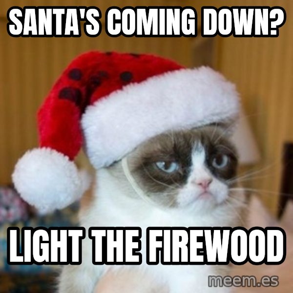 Grumpy Cat Santa Hat meme: santa's coming down? / light the firewood
