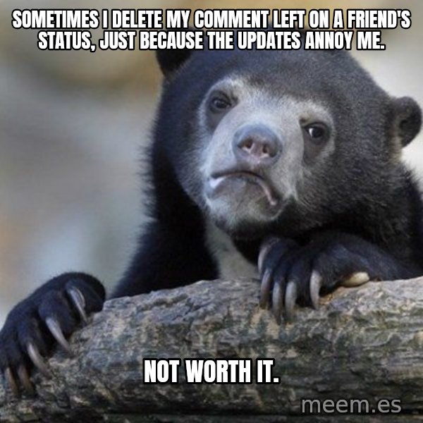 Confession Bear meme: Sometimes I delete my comment left on a friend's status, just because the updates annoy me. / Not worth it.