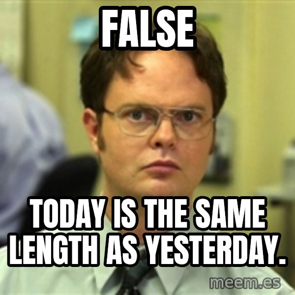 Dwight Schrute meme: false / Today is the same length as yesterday.