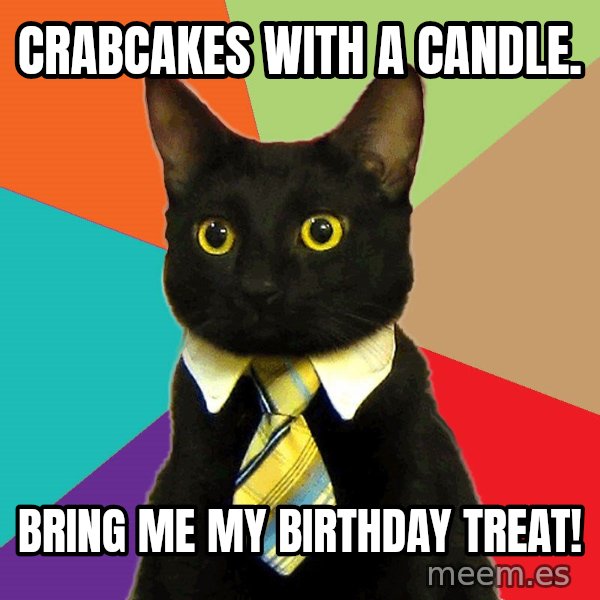 Business Cat meme: Crabcakes with a candle. / Bring me my birthday treat!