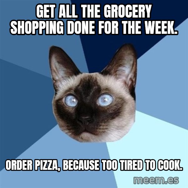 Chronic Illness Cat meme: Get all the grocery shopping done for the week. / Order pizza, because too tired to cook.