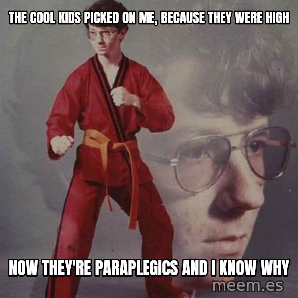 PTSD Karate Kyle meme: The cool kids picked on me, because they were high / Now they're paraplegics and I know why
