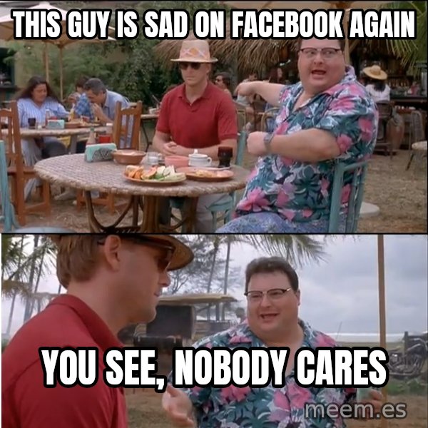 See? Nobody Cares meme: This guy is sad on Facebook again / you see, nobody cares