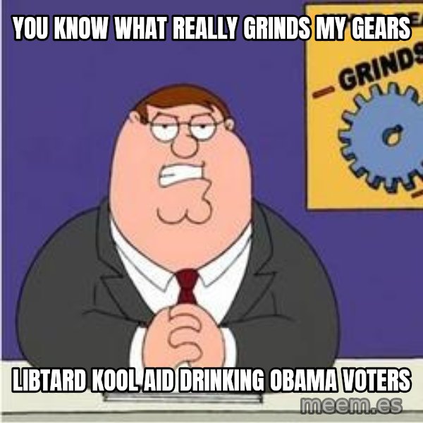 Grinds My Gears Peter Griffin meme: you know what really grinds my gears / libtard kool aid drinking obama voters