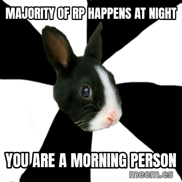 Roleplaying Rabbit meme: majority of RP happens at night / YOU ARE A MORNING PERSON