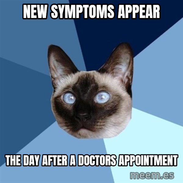 Chronic Illness Cat meme: New symptoms appear / the day after a doctors appointment