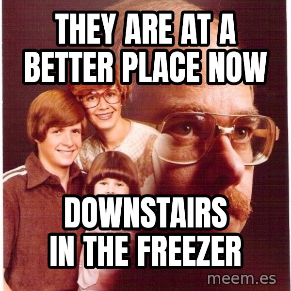 Vengeance Dad meme: They are at a better place now / Downstairs in the freezer
