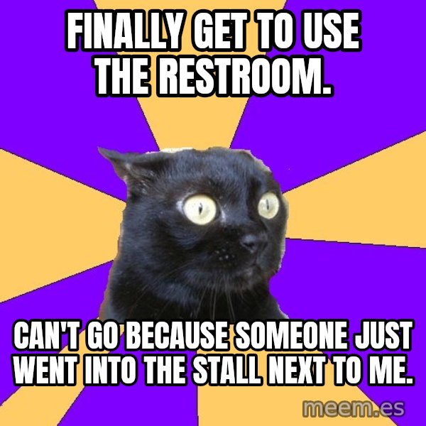 Anxiety Cat meme: Finally get to use the restroom. / Can't go because someone just went into the stall next to me.