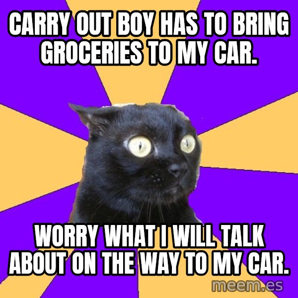 Anxiety Cat meme: Carry out boy has to bring groceries to my car. / Worry what I will talk about on the way to my car.