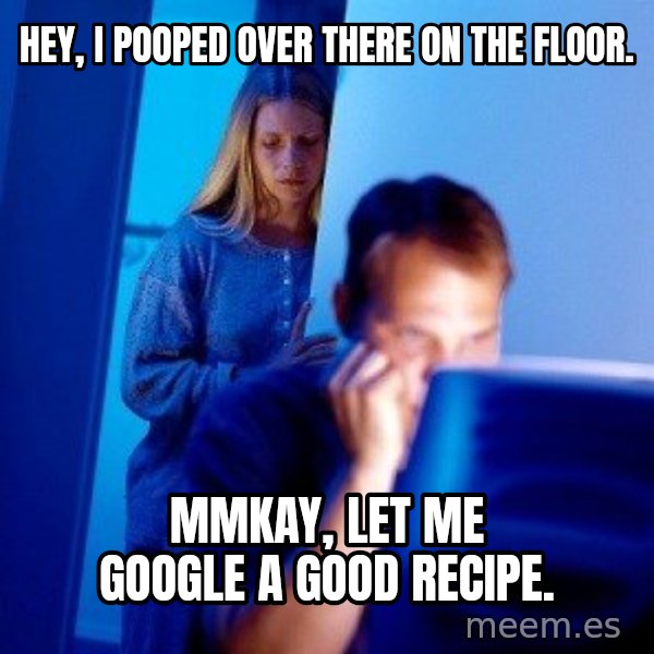 Internet Husband meme: hey, i pooped over there on the floor. / mmkay, let me google a good recipe.