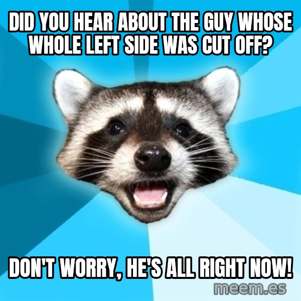 Lame Pun Coon meme: Did you hear about the guy whose whole left side was cut off? / Don't worry, he's all right now!