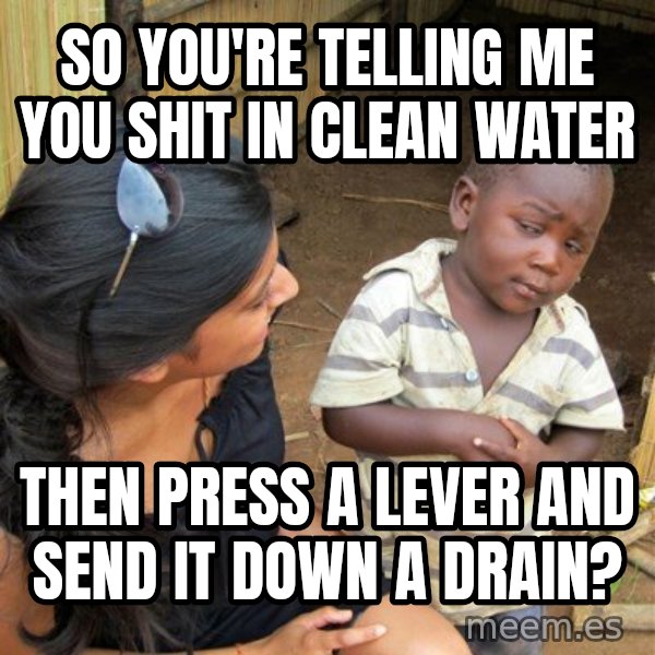 Skeptical 3rd World Kid meme: so you're telling me you shit in clean water / then press a lever and send it down a drain?