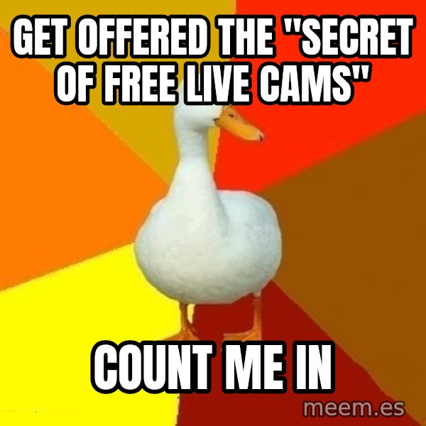Technologically Impaired Duck meme: get offered the "secret of free live cams" / count me in