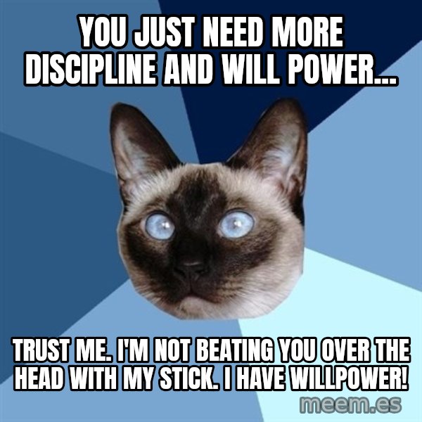 Chronic Illness Cat meme: You just need more discipline and will power... / Trust me. I'm not beating you over the head with my stick. I have willpower!