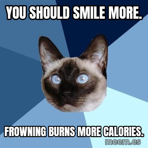 Chronic Illness Cat meme: You should smile more. / frowning burns more calories.