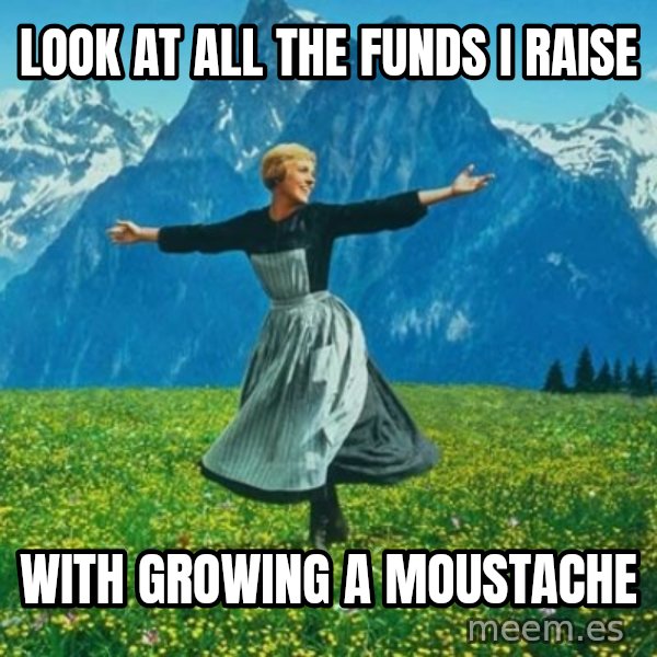 Look at All the Fucks I Give meme: look at all the funds i raise / with growing a moustache
