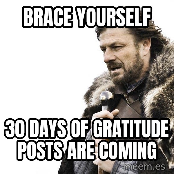 Winter is Coming meme: Brace yourself / 30 days of gratitude posts are coming