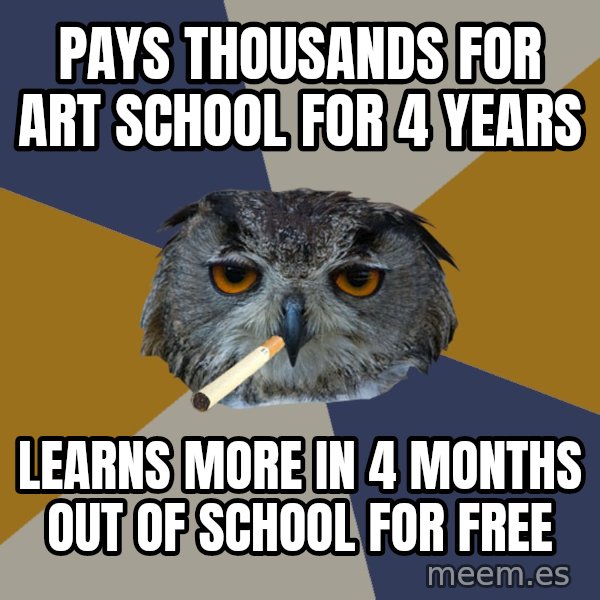 Art Student Owl meme: Pays thousands for art school for 4 years / Learns more in 4 months out of school for free