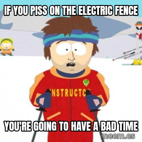 Bad time ski instructor 1 meme: If you piss on the electric fence / You're going to have a bad time