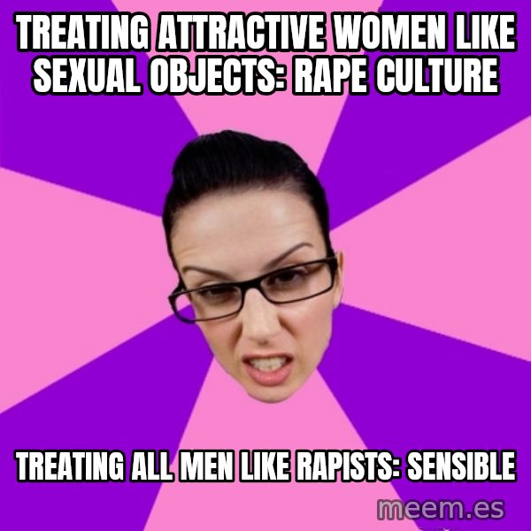 Privilege Denying Feminist meme: treating attractive women like sexual objects: rape culture / treating all men like rapists: sensible