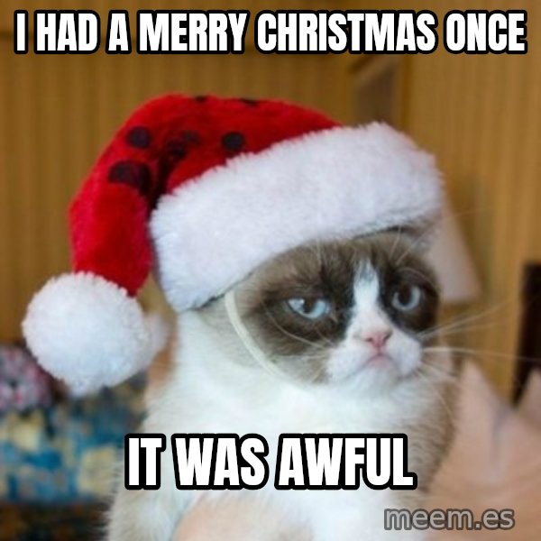 Grumpy Cat Santa Hat meme: I had a Merry Christmas once / It was awful