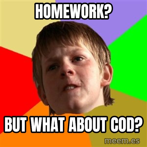 Angry School Boy meme: homework? / but what about CoD?